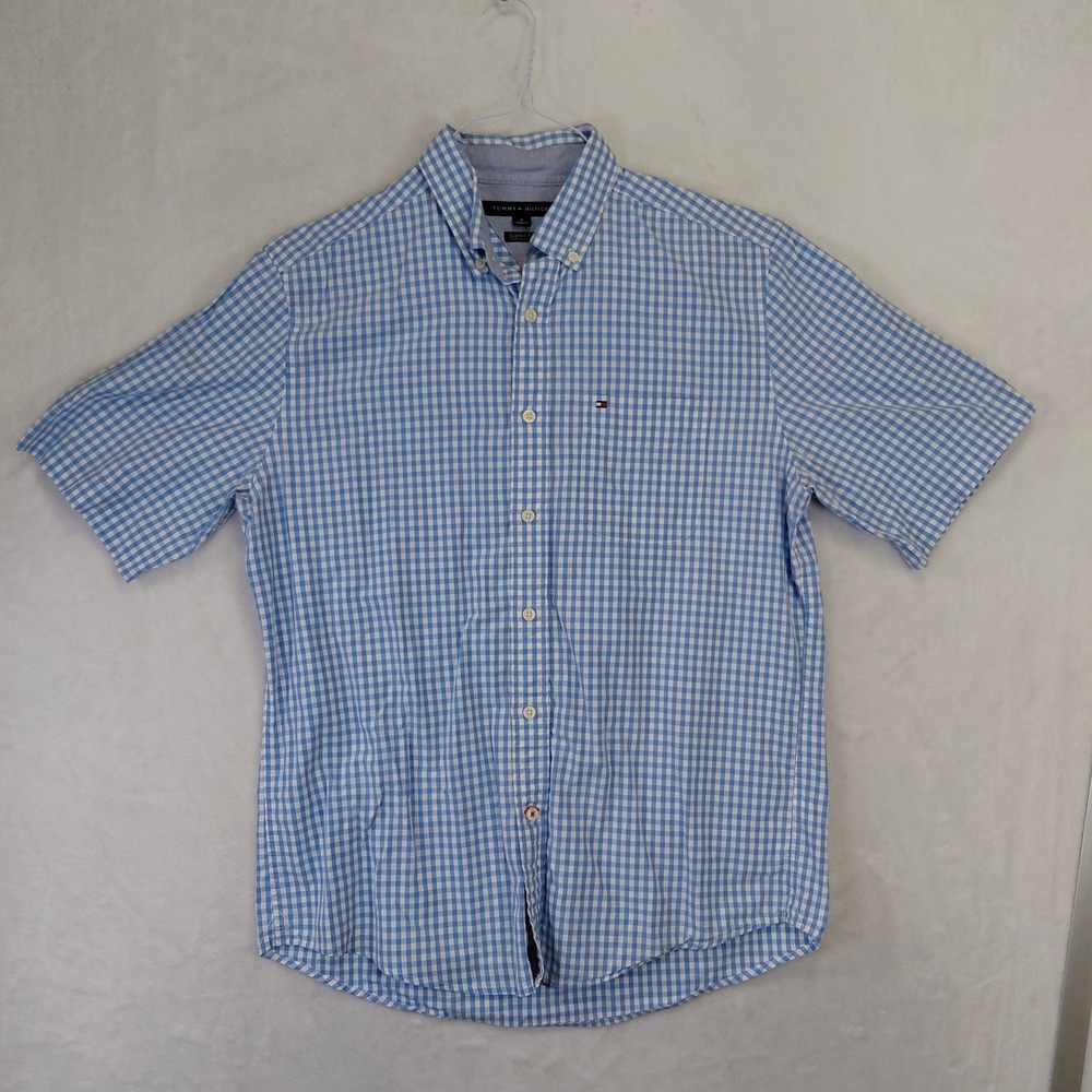 Tommy Hilfiger Mens Blue White Gingham Short Sleeve Button Down Shirt Size M